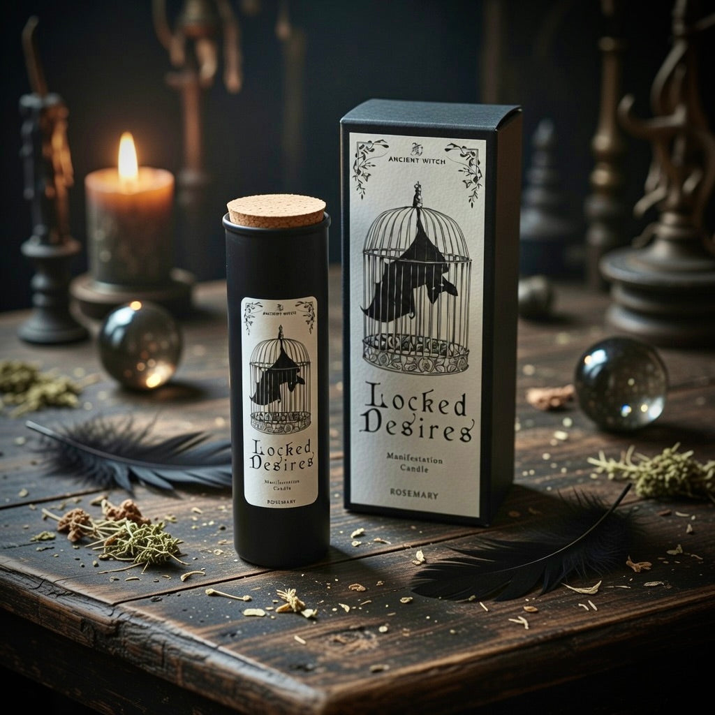 Locked Desires manifestation spell candle and presentation box, on a wooden surface with occult candles and glass spheres