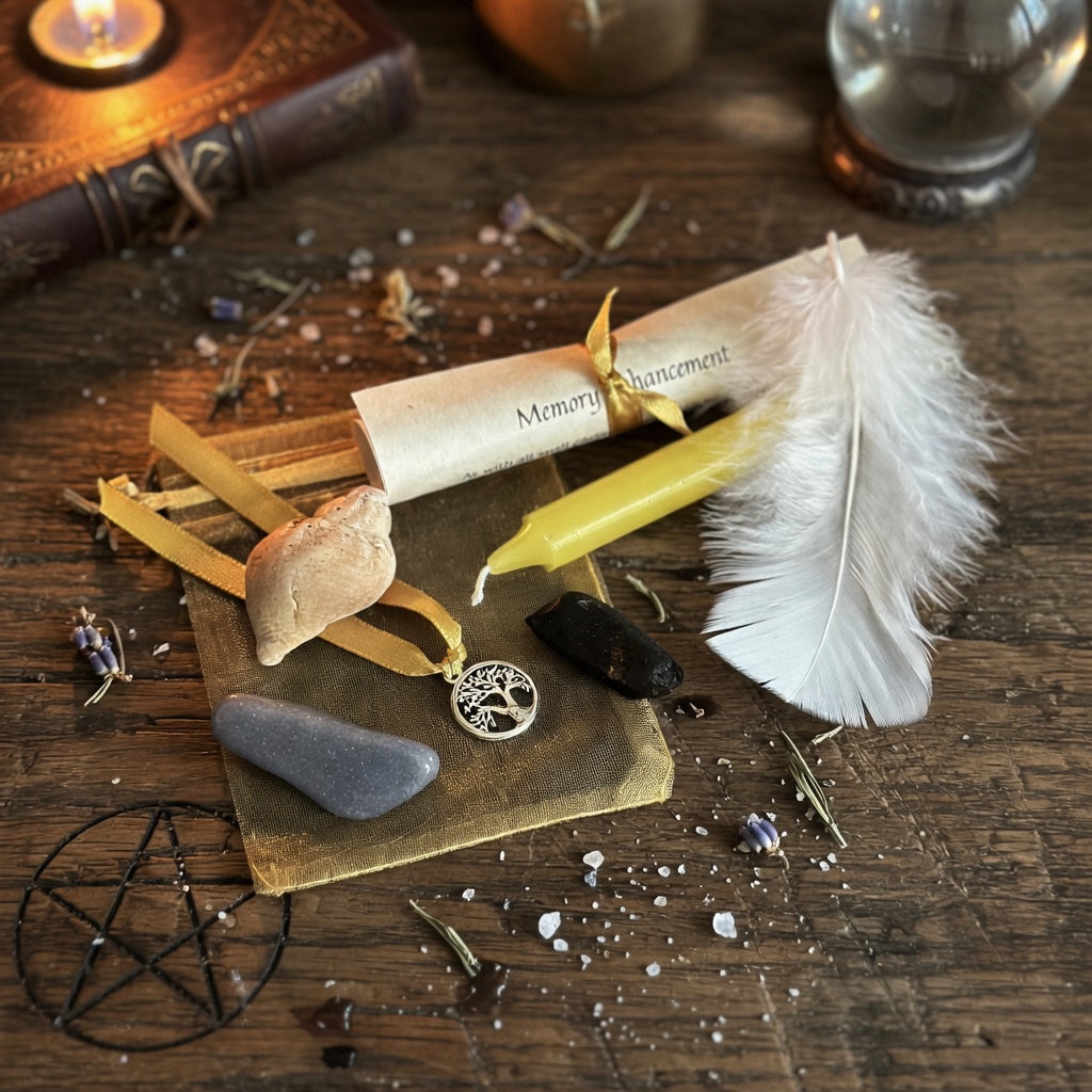 Memory enhacement spell kit, including a feather, candle, and stones on a wooden surface with witchcraft symbols