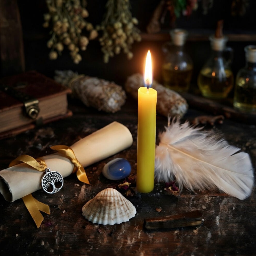Memory enhancement spell. Sorcery with candle, feather, scroll, shell, and bottles on a dark surface.