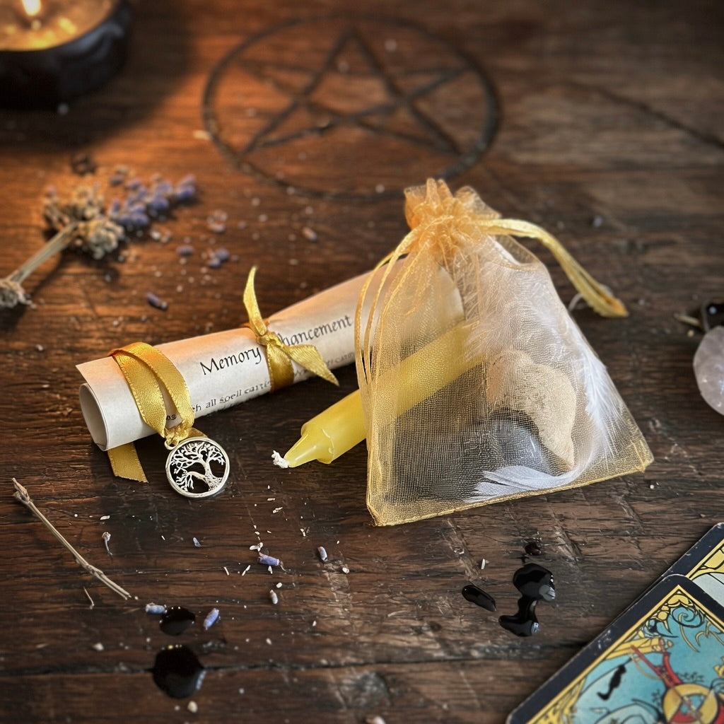 Memory enhancement spell kit, on an occult carved wooden surface with herbs and a candle
