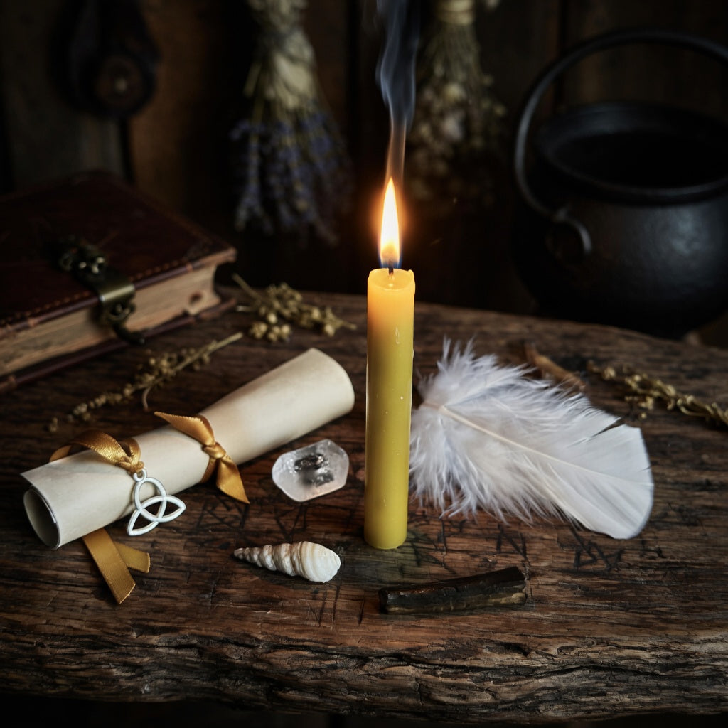 Mental clarity spell casting. Sorcery using lit yellow candle, scroll and feather, on a dark rough carved wood surface
