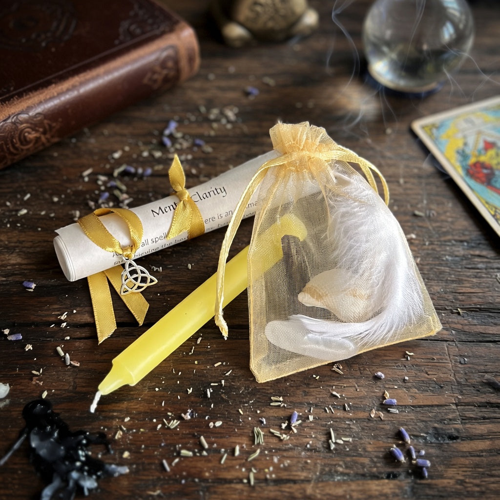 Mental clarity spell kit with scroll and candle on a dark wood surface.