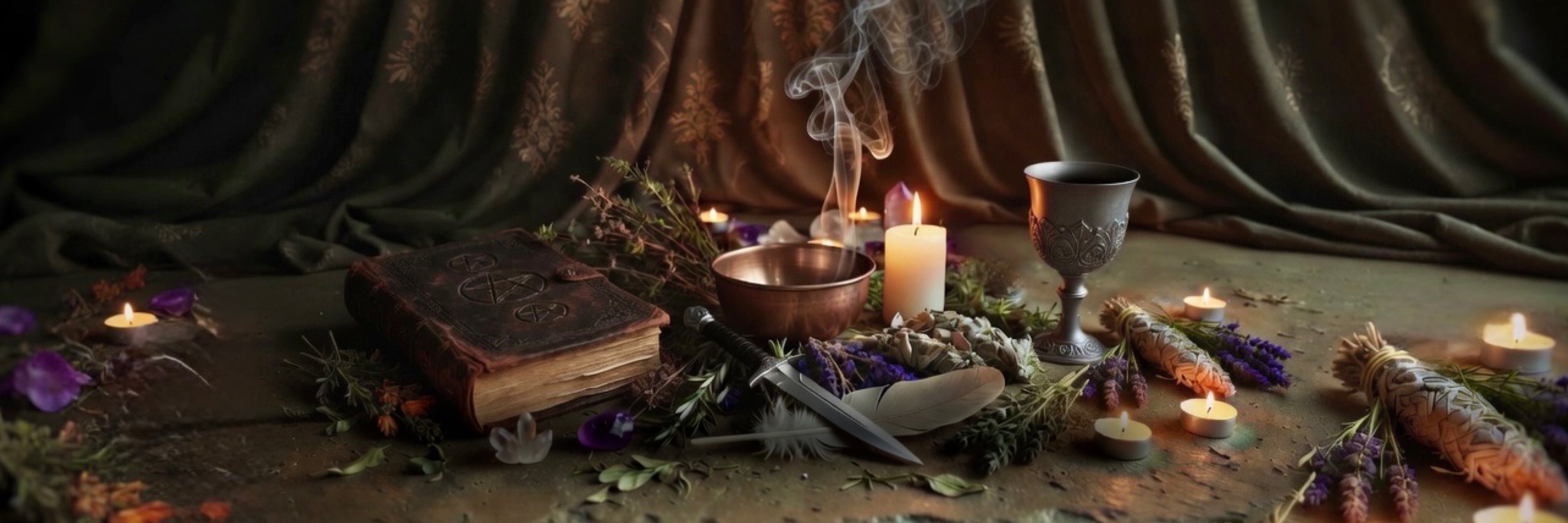 Witchcraft setup with books, candles, and herbs on a dark background