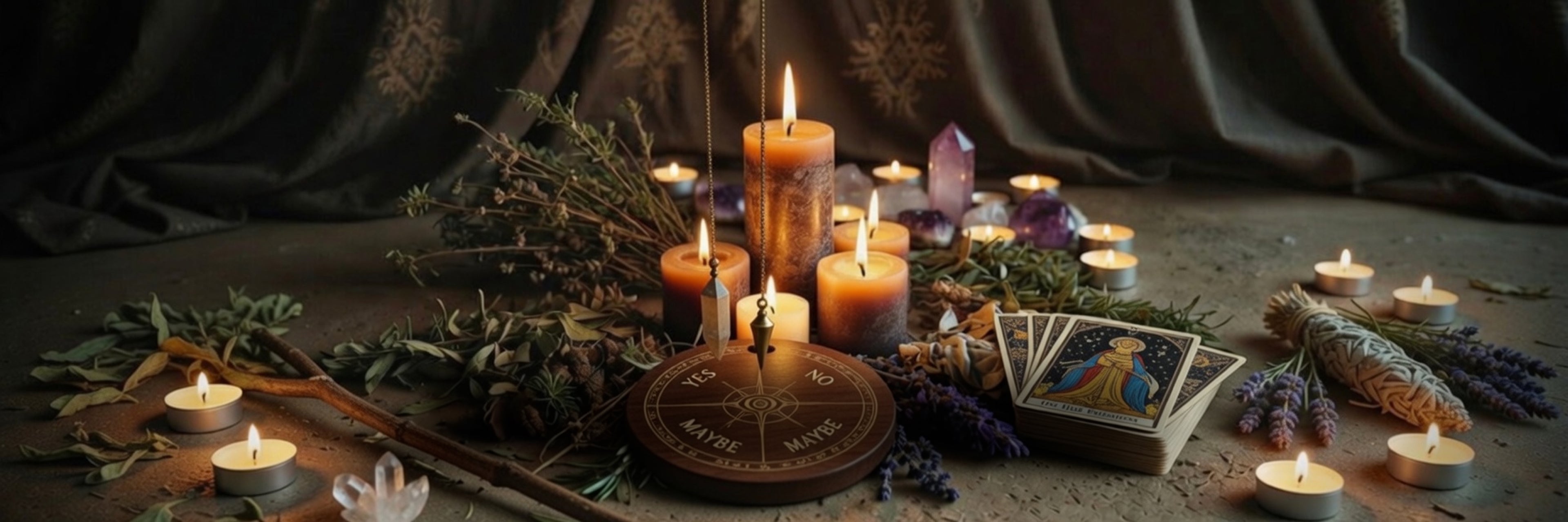 Candles, herbs, crystals and a pendulum board, on a dark surface with a mystical atmosphere