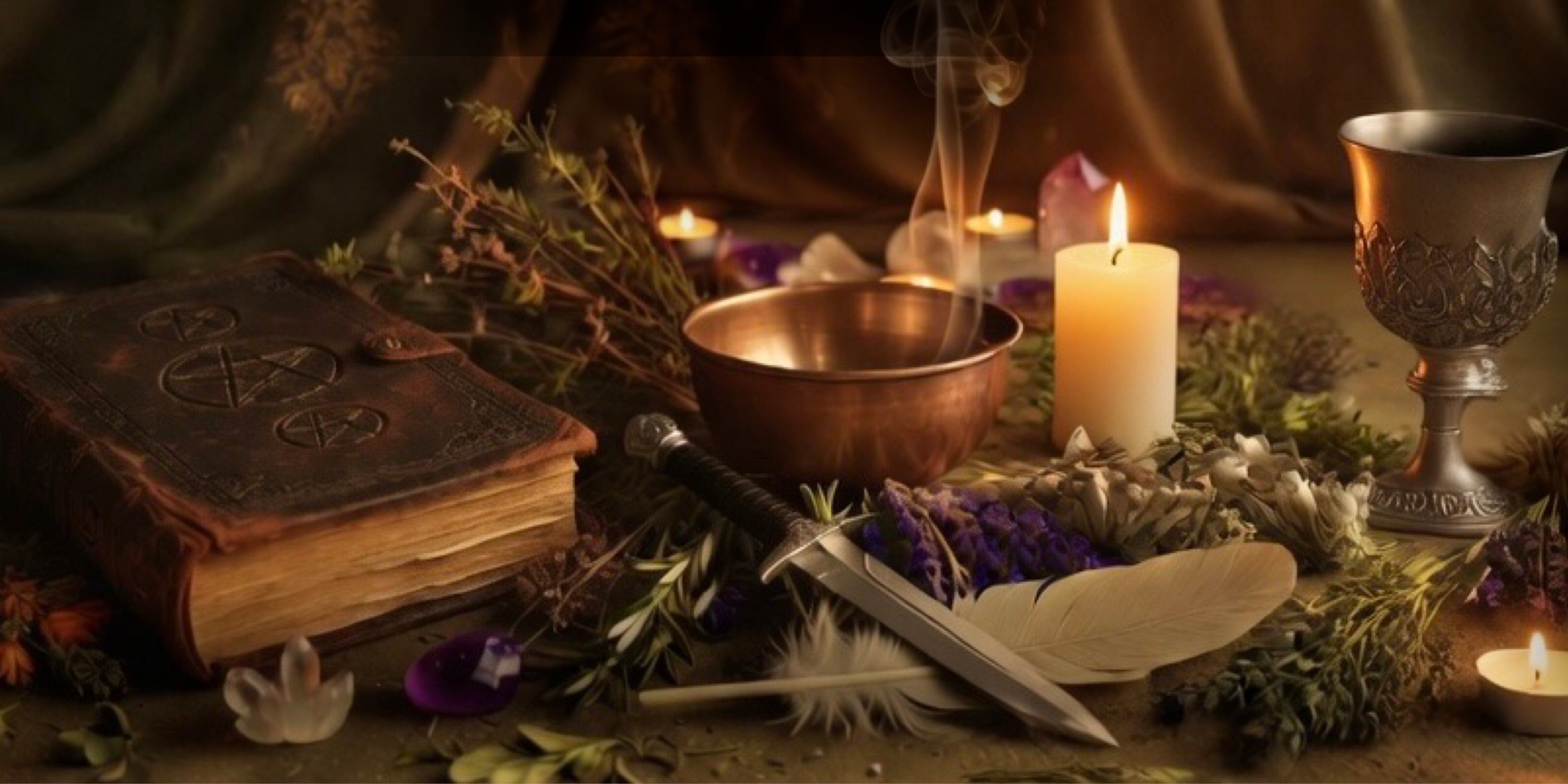 Witchcraft setup with books, candles, and herbs on a wooden surface.