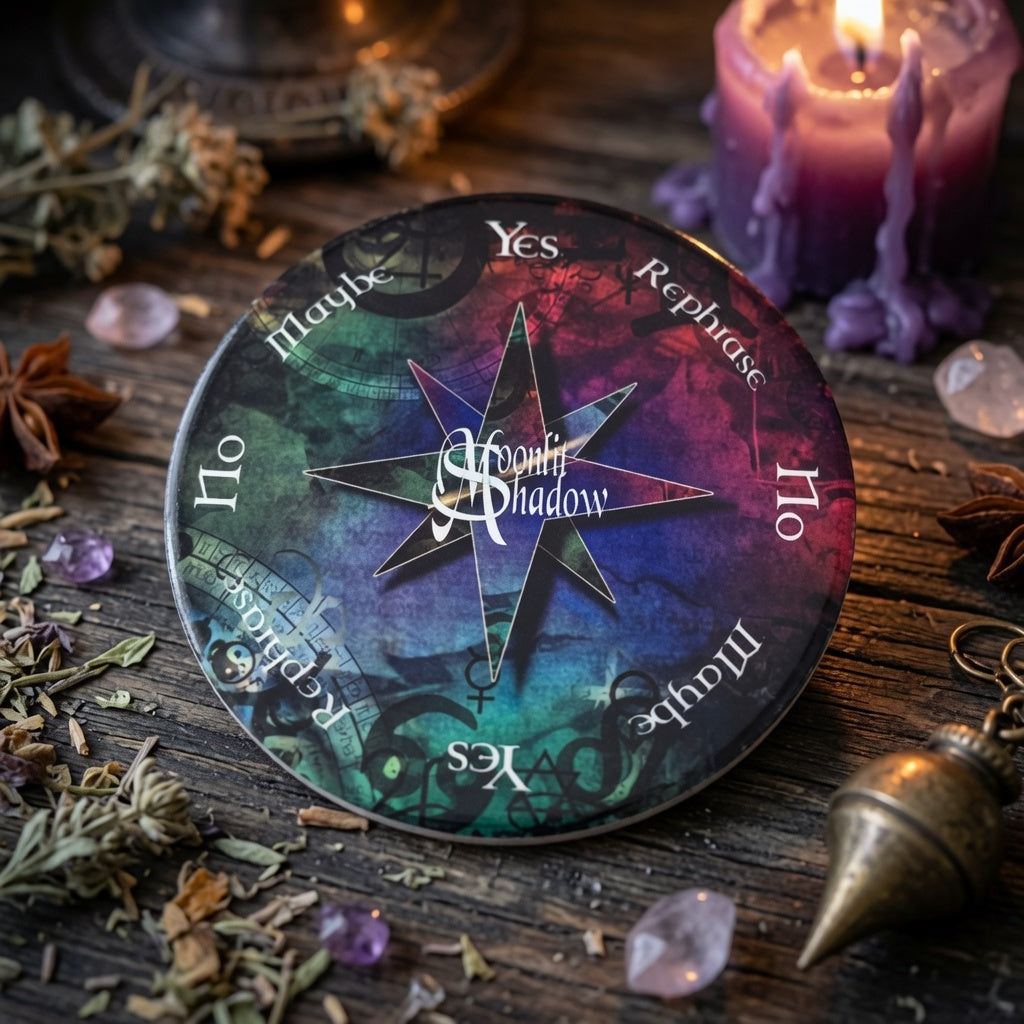 ceramic moonlit shadow design pendulum board with yes, no, rephrase and maybe, on a wooden surface with herbs and a candle