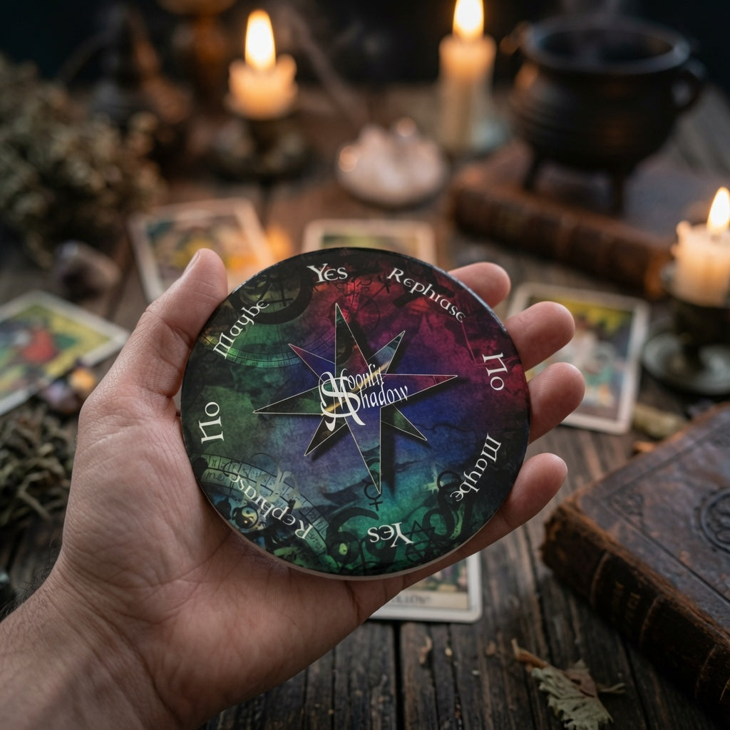 Hand holding a ceramic moonlit shadow pendulum board against a mystical background with candles and tarot cards.