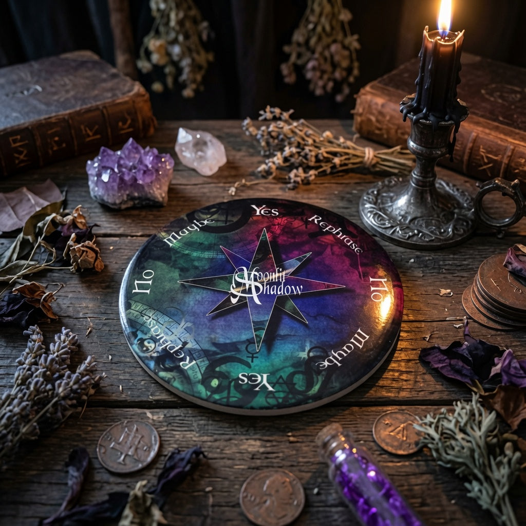 ceramic moonlit shadow design pendulum board with yes, no, rephrase and maybe, on a wooden surface with herbs, books and a candle