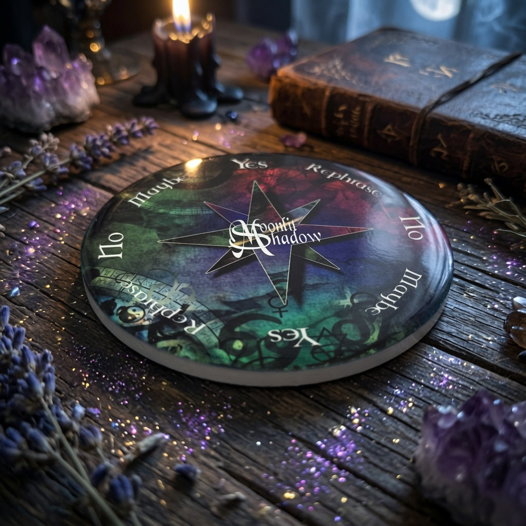 ceramic moonlit shadow design pendulum board with yes, no, rephrase and maybe, on a wooden surface with herbs and a candle