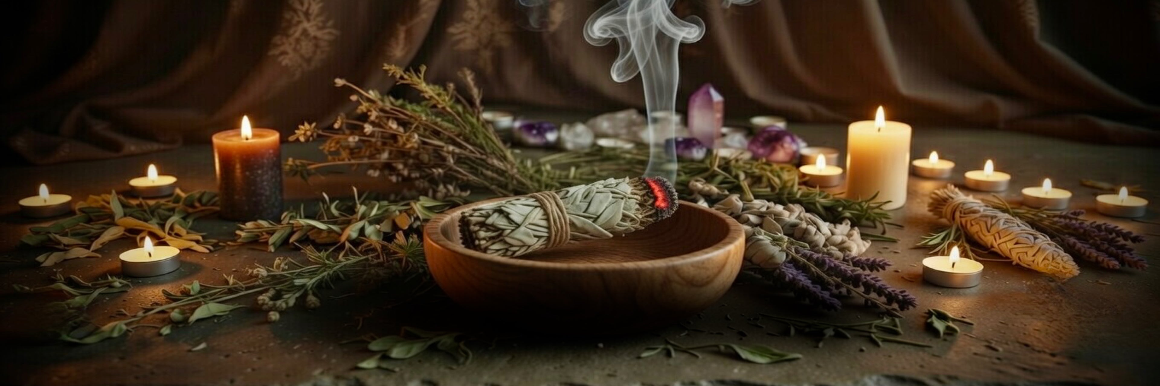 smudge bowl with lit sage smudge stick, with candles and herbs on a dark background