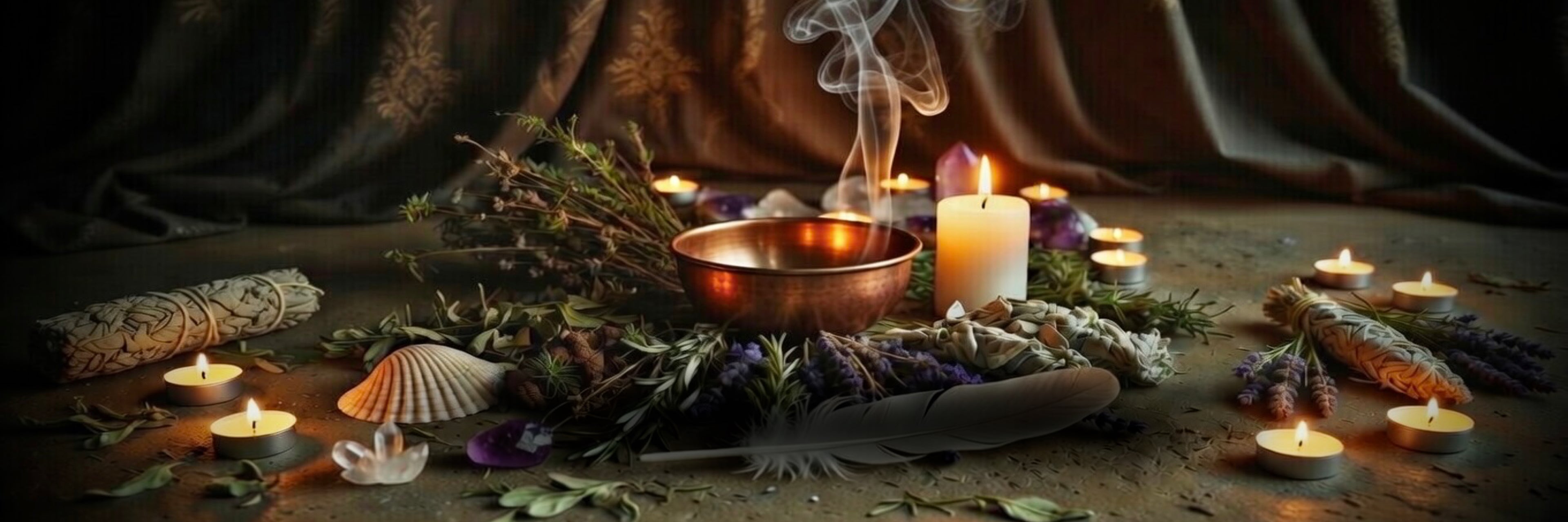 Witchcraft setup with herbs, candles, and a bowl on a dark background