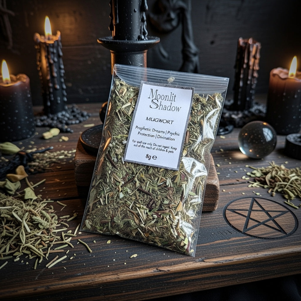 Packaged mugwort with a label on a witchcraft themed wooden surface with candles and a pentagram symbol.