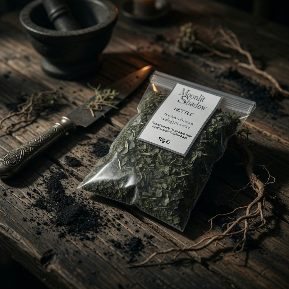 Packaged nettle spell herb sachet on a wooden surface with herbs and tools