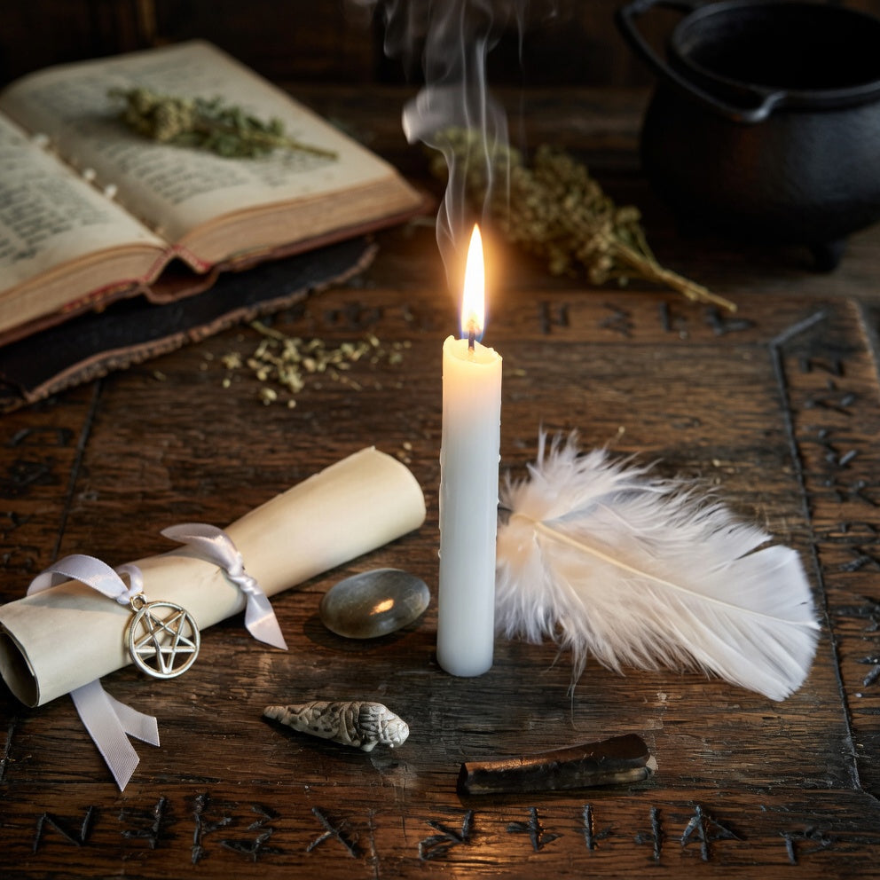 New beinnings spell casting using candle with a feather and scroll on a wooden surface with an open book and herbs.