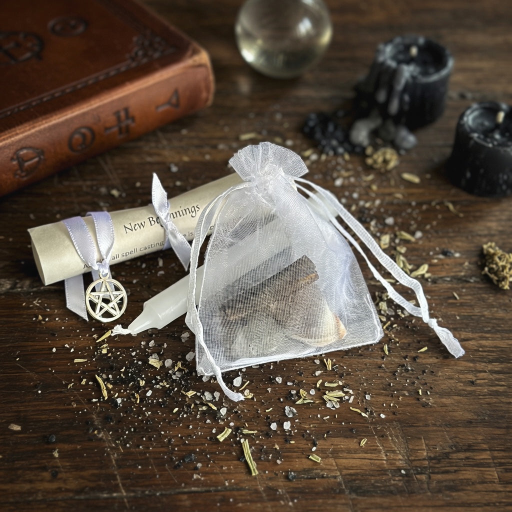 New beginnings spell kit with pentacle charm on a wooden surface with candles and a book.