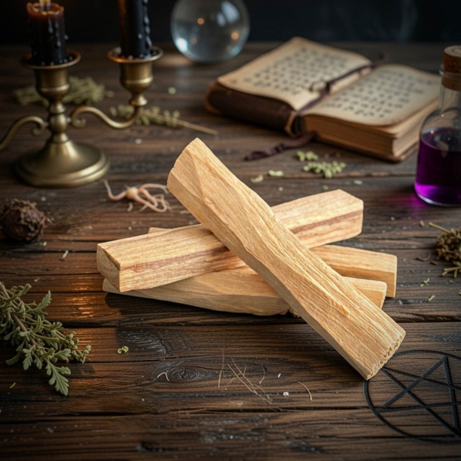 Palo santo sticks on a wooden surface with pagan books, bottles, and candles in the background