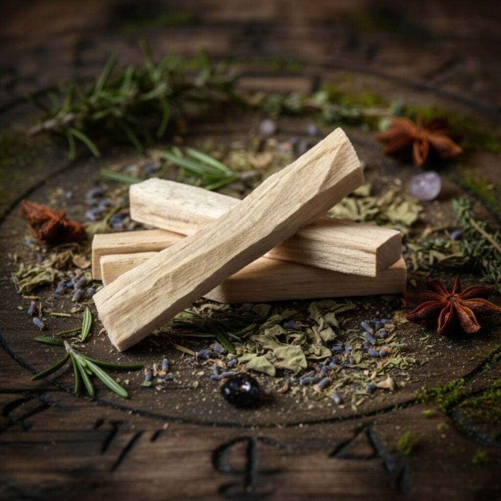 Palo santo sticks laying on witchcraft themed carved wood, with herbs