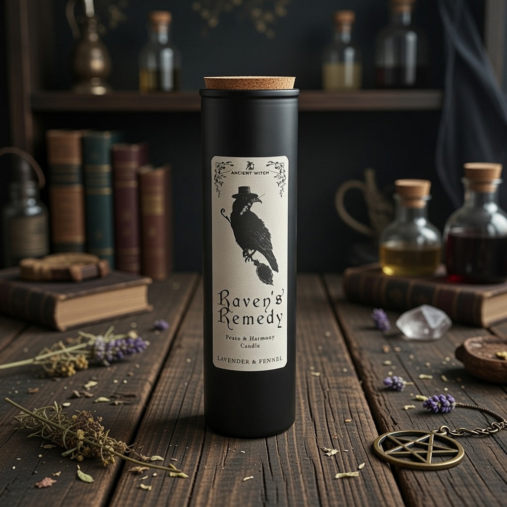 Black candle labeled 'Raven's Remedy' on a wooden table with books and bottles in the background
