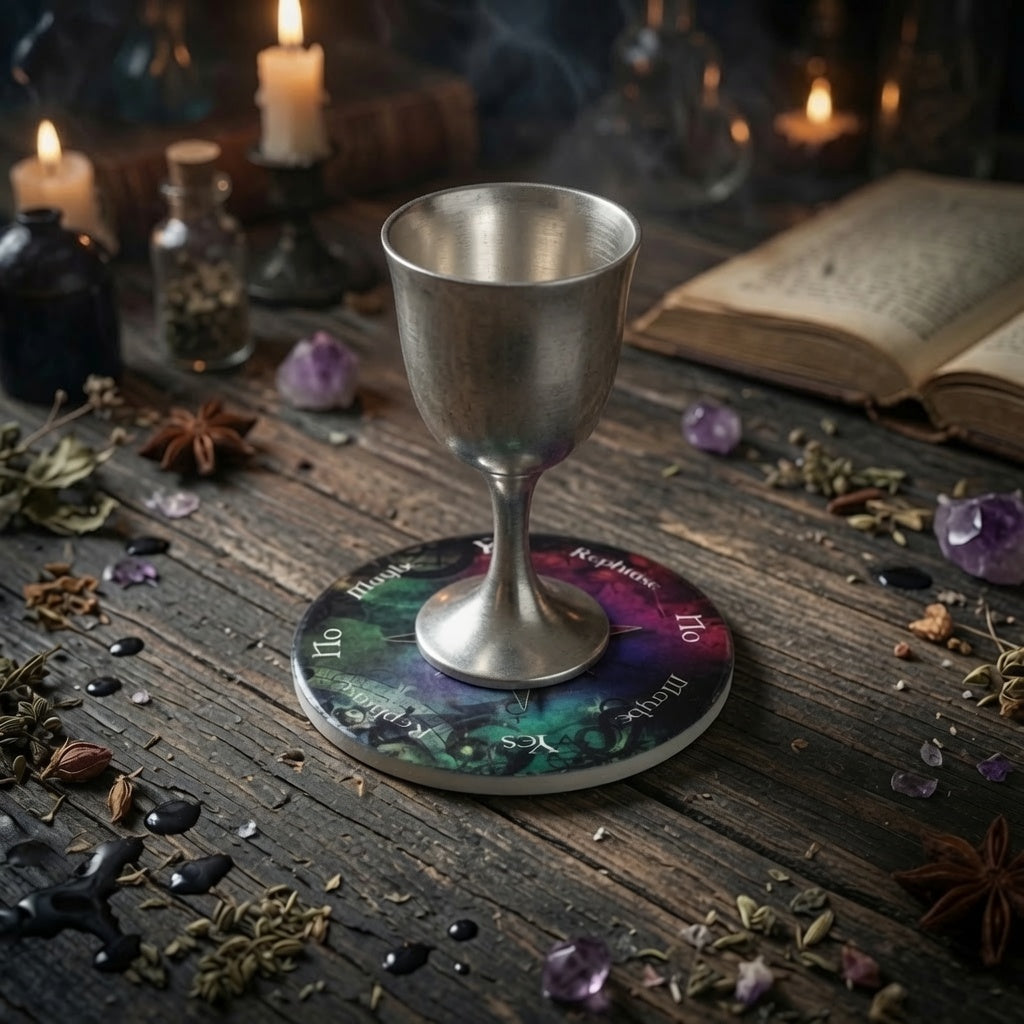 Silver goblet on a colourful moonlit shadow pendulum board, beinh used as a coaster, with candles and herbs on a wooden table