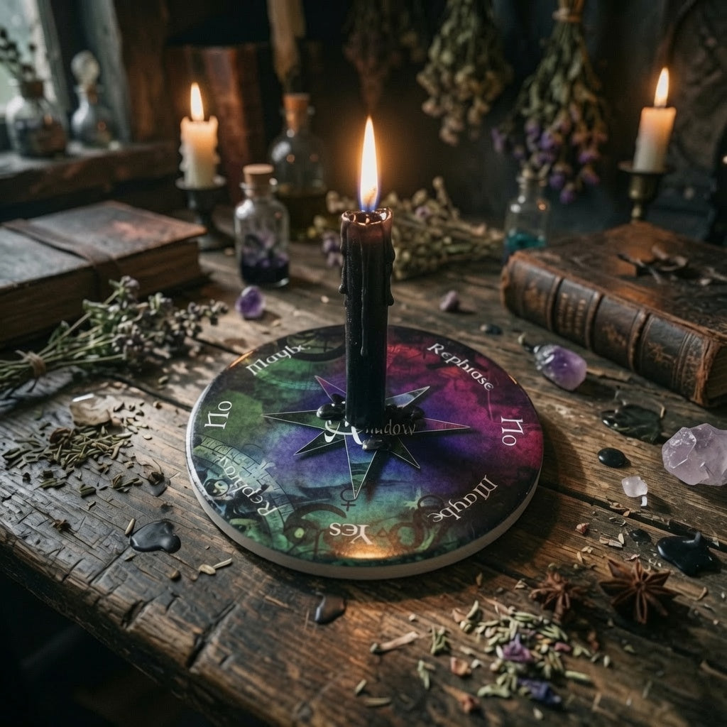 ceramic moonlit shadow design pendulum board with yes, no, rephrase and maybe, on a wooden surface with herbs, books and a candle