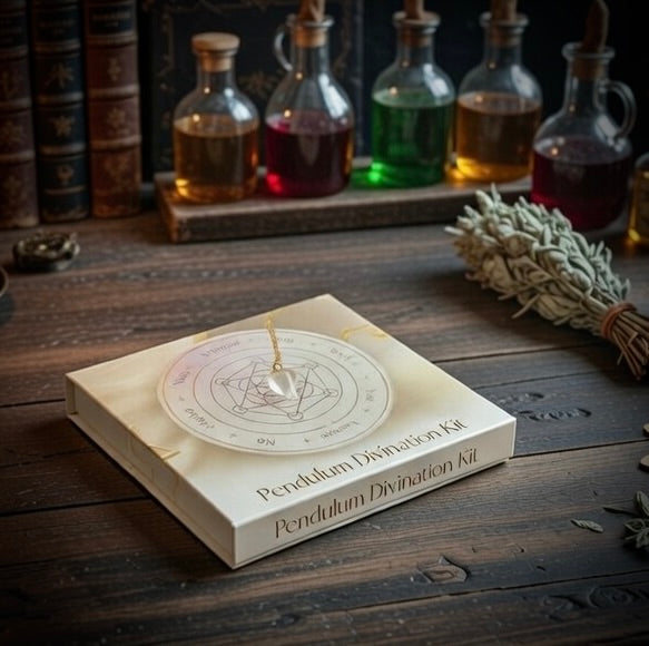Pendulum Divination Kit on a wooden surface with mystical items in the background