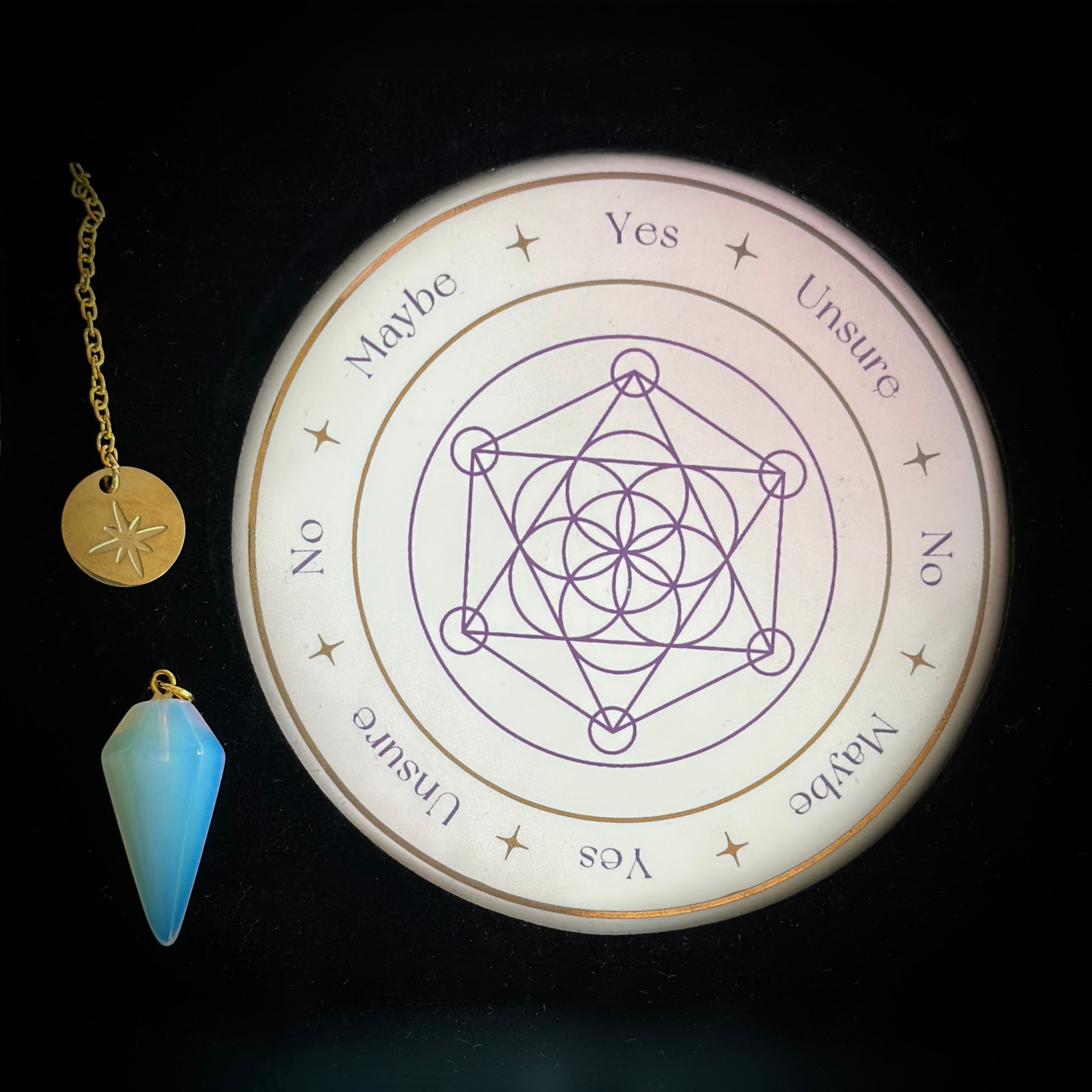 Porcelain pendulum board and opalite pendulum with gold tone chain