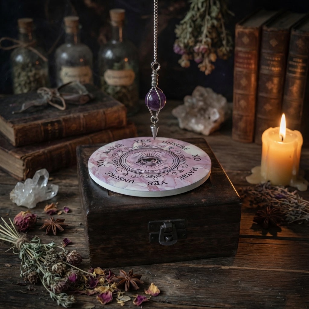 Decorative pendulum on a wooden box with candles, books, and crystals in a mystical setting.