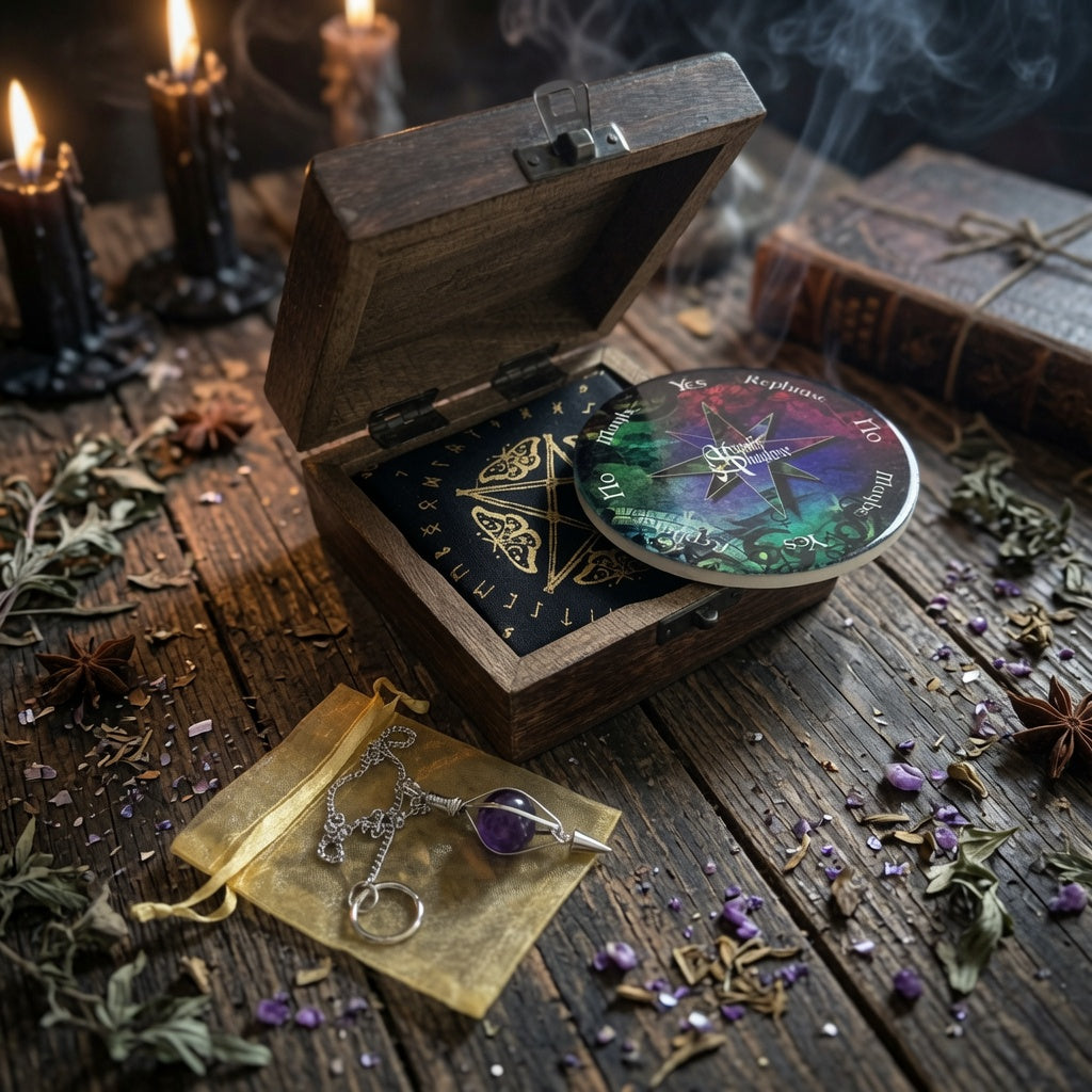 Decorative pendulum divination set with moonlit shadow design on a wooden box surrounded by herbs and books on a rustic surface.