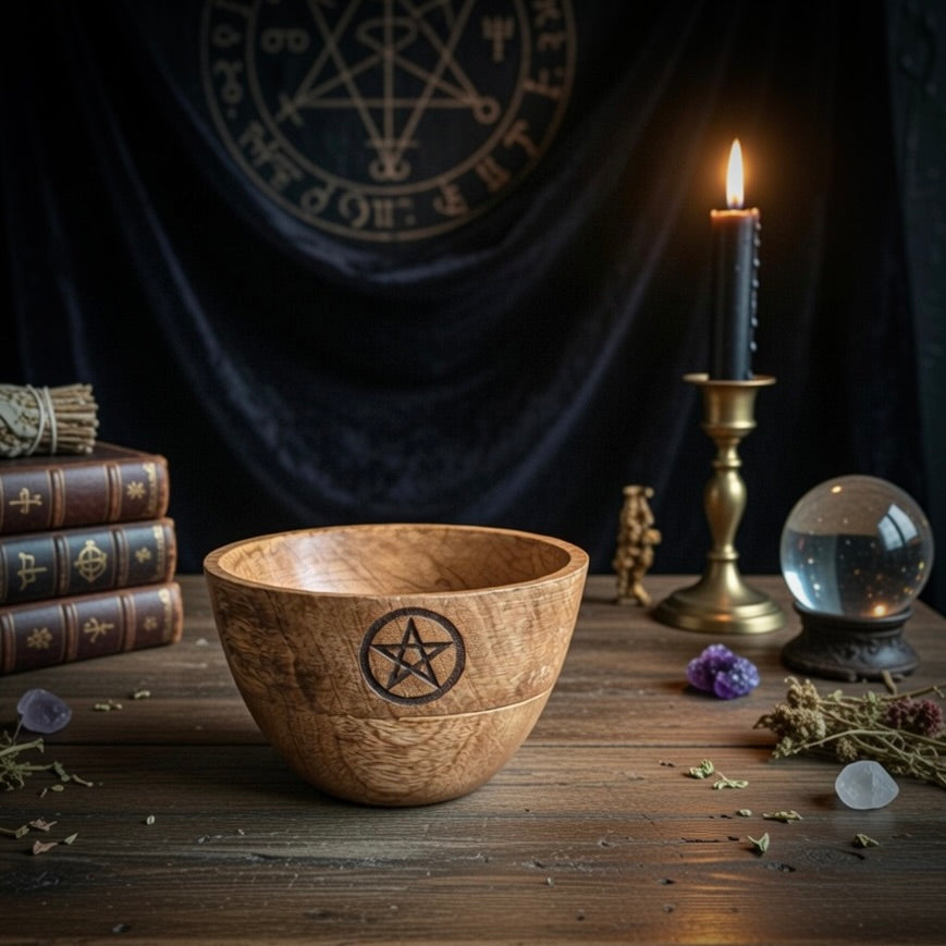 Wooden altar bowl with pentagram design on a table with books, candle, and crystal ball in an occult  setting.
