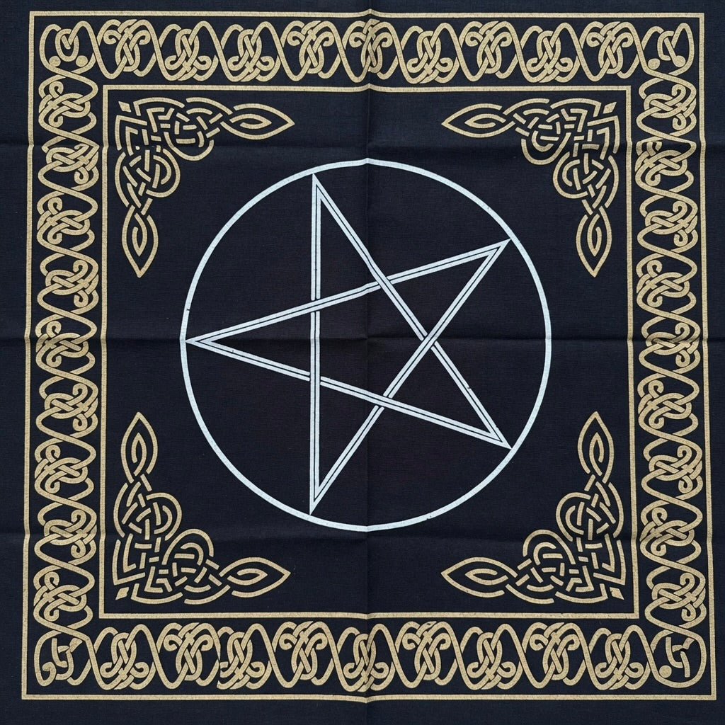 Black and gold pentagram design altar cloth, with celtic knot border