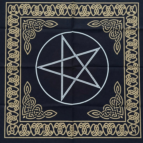Black and gold pentagram design altar cloth, with celtic knot border