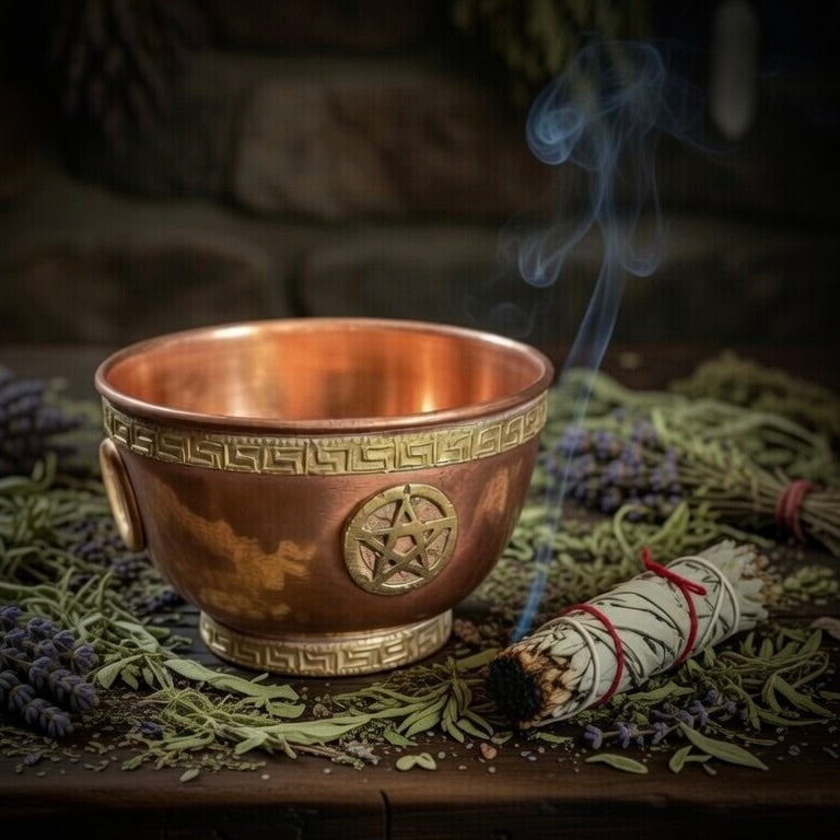 Copper altar bowl with pentagram design on a table with lavender and sage.