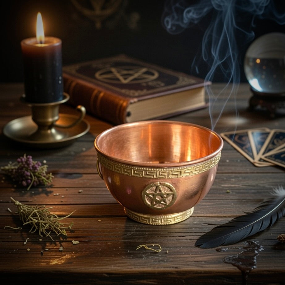 Copper bowl with pentagram design on a wooden table with candles, books, and other pagan items.