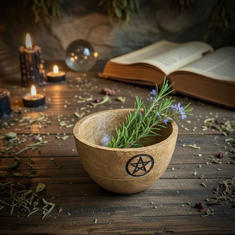 Wooden smudge bowl with herbs on a wooden surface with sorcery items in the background