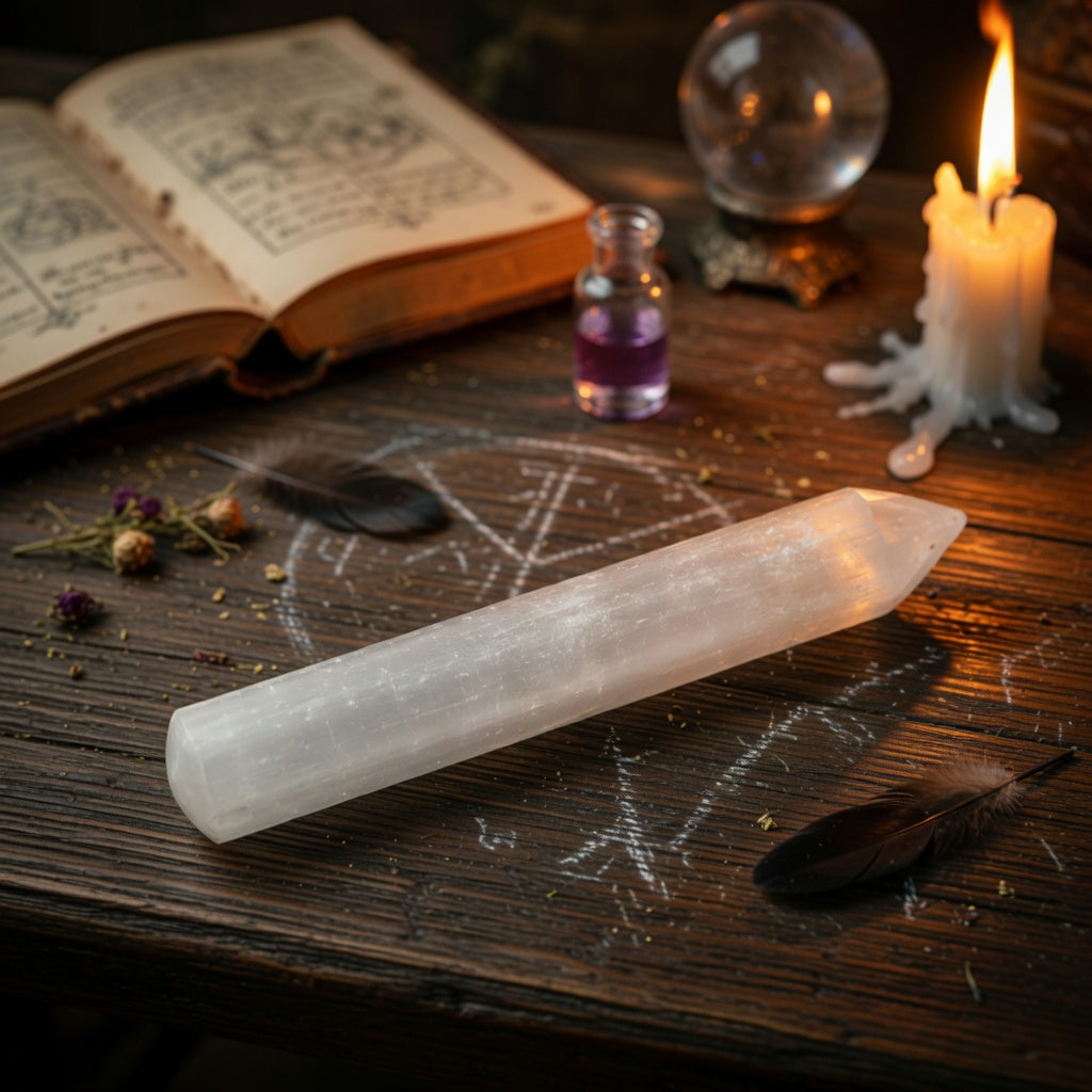 Selenite wand on a wooden surface with an open book, candle, and other mystical items.