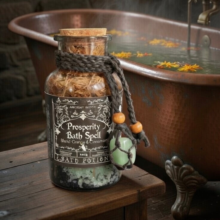 Bottle labeled 'Prosperity Bath Spell' on a wooden surface with a copper bathtub in the background.