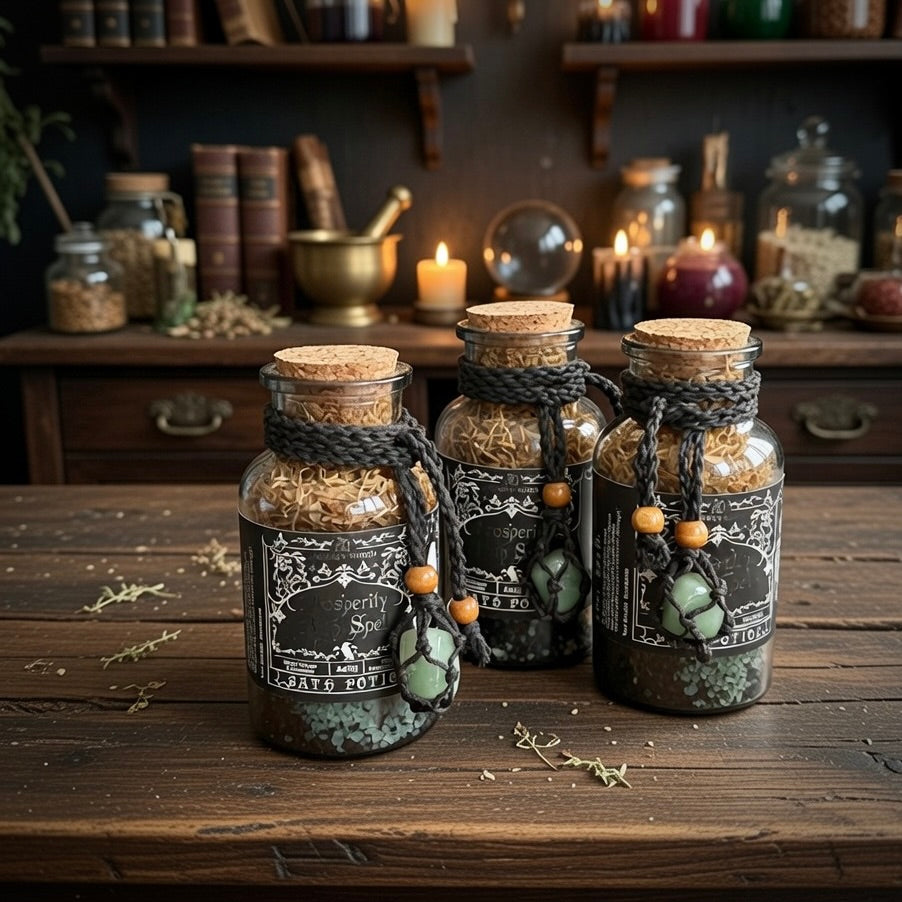 Three prosperity spell jars with labels on a wooden surface, with a shelf of various items in the background.