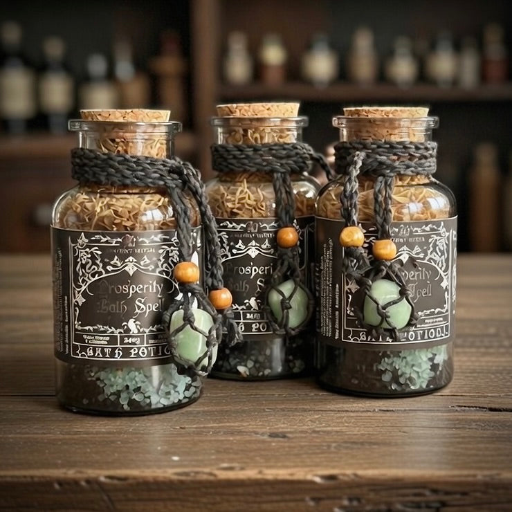 Three glass prosperity spell jars with cork lids on a wooden surface, featuring labels and decorative elements.