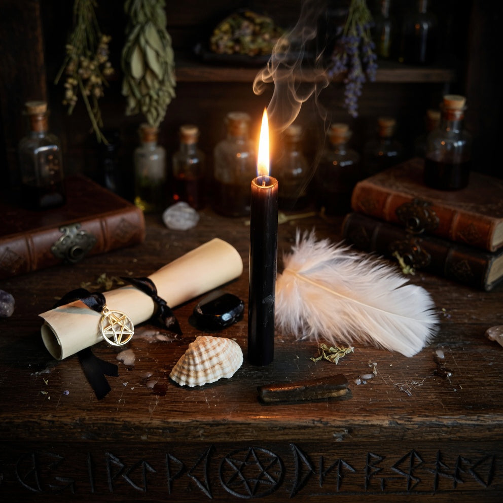 Protection spell casting. Sorcery with with candle, feather and a scroll on a wooden surface with books and bottles in the background