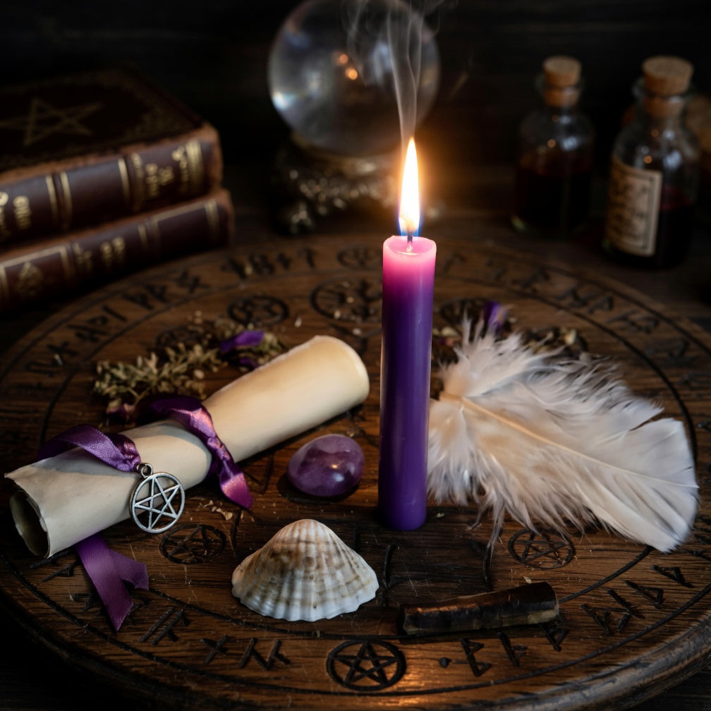 Psychic awareness spell casting, with purple candle, feather, scroll, and shell on a carved wooden surface.