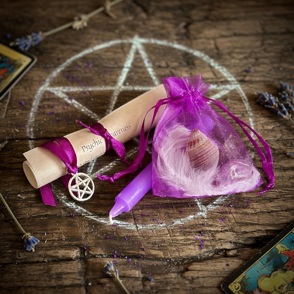 Psychic awareness spell kit including a purple candle and scroll, by an occult symbol on a wooden surface.