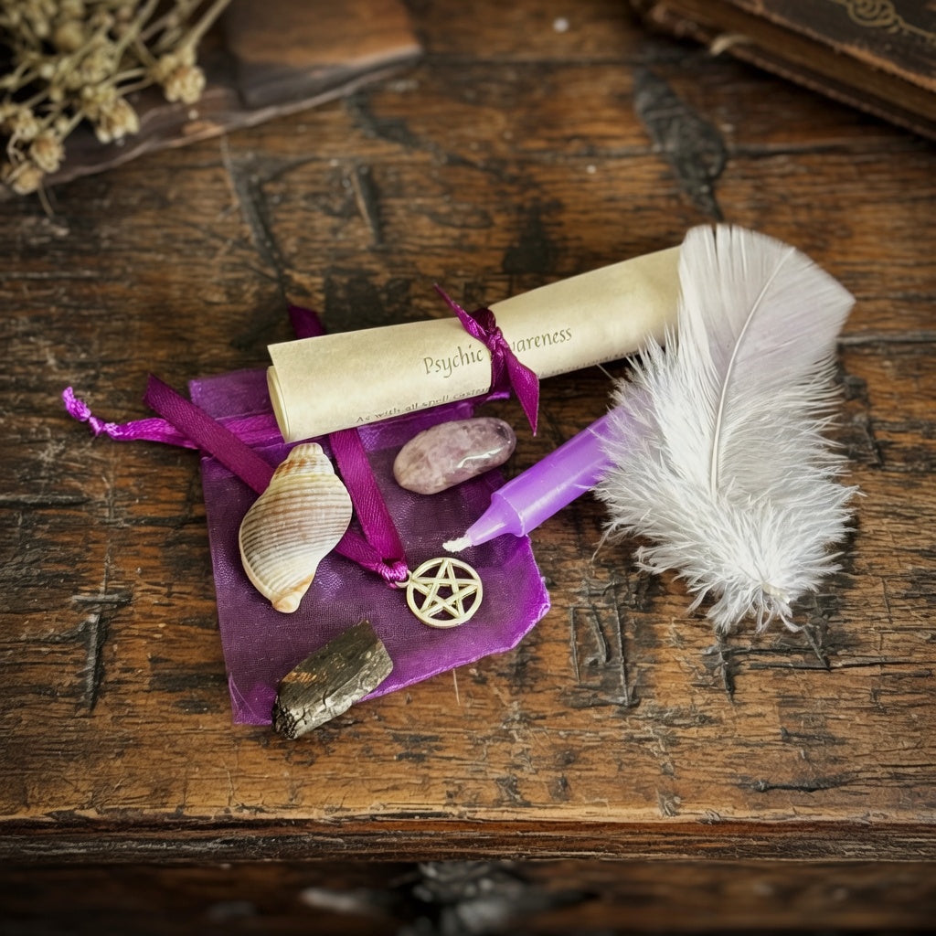 Psychic awareness spell kit including sorcery symbols, feather, and scroll, on a wooden surface.