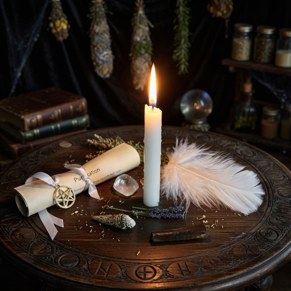 Purification spell casting. Sorcery with candle, feather, and other mystical items on a dark wooden surface with a mystical ambiance.