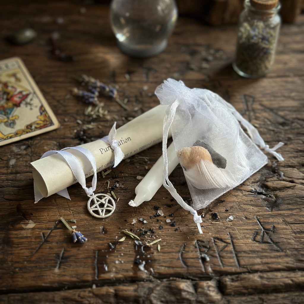 Purification spell kit with scroll and candle on an occult carved wood surface