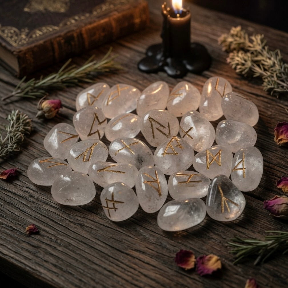 Clear quartz stones with rune symbols on a wooden surface with candles and herbs