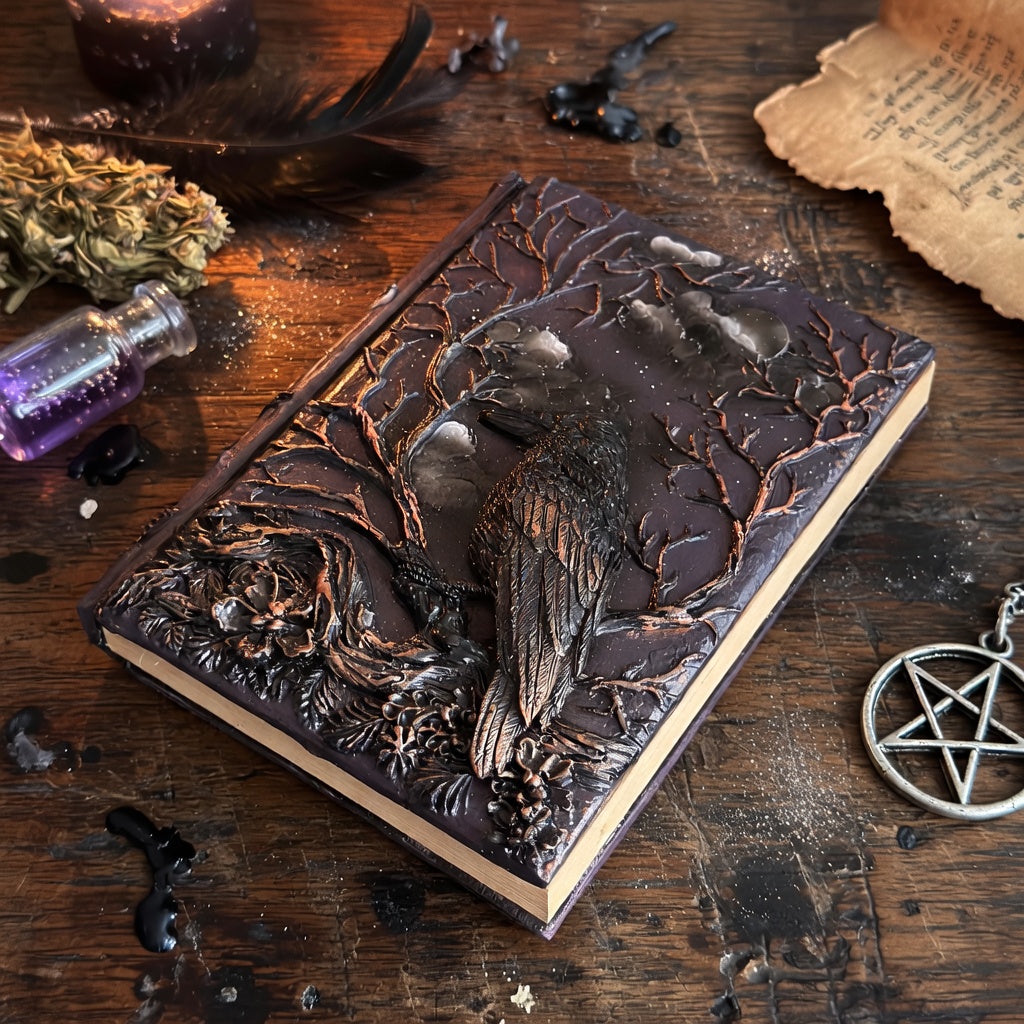 Decorative resin journal with intricate designs on a wooden surface with mystical items.