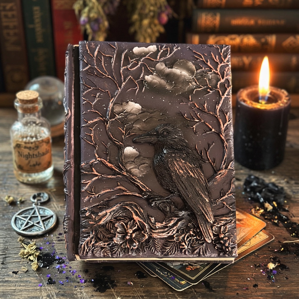 Decorative resin journal with embossed design of a raven on a wooden surface with candles and books.