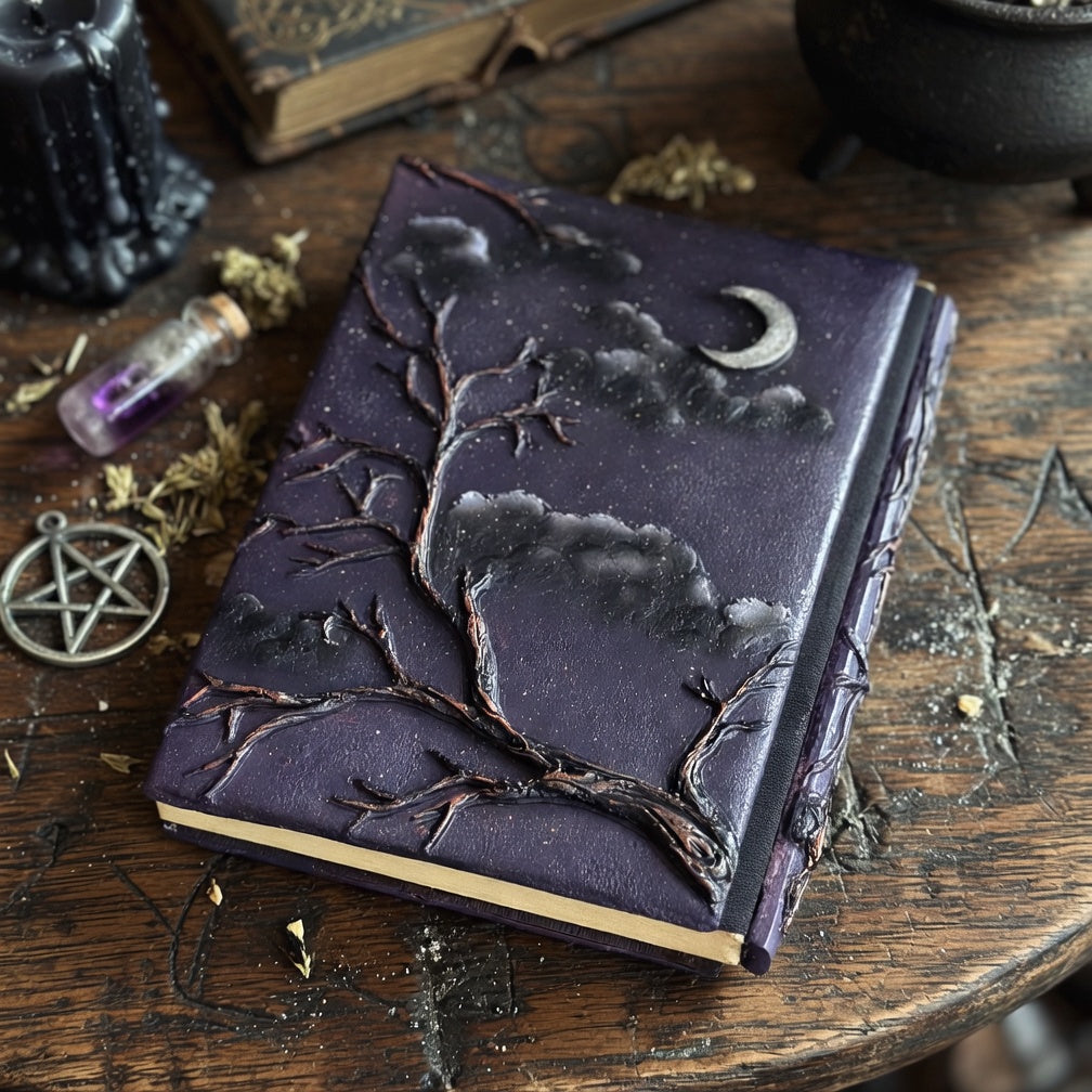 Dark purple resin book wit boundh moon and tree design on a wooden surface with witchcraft items.