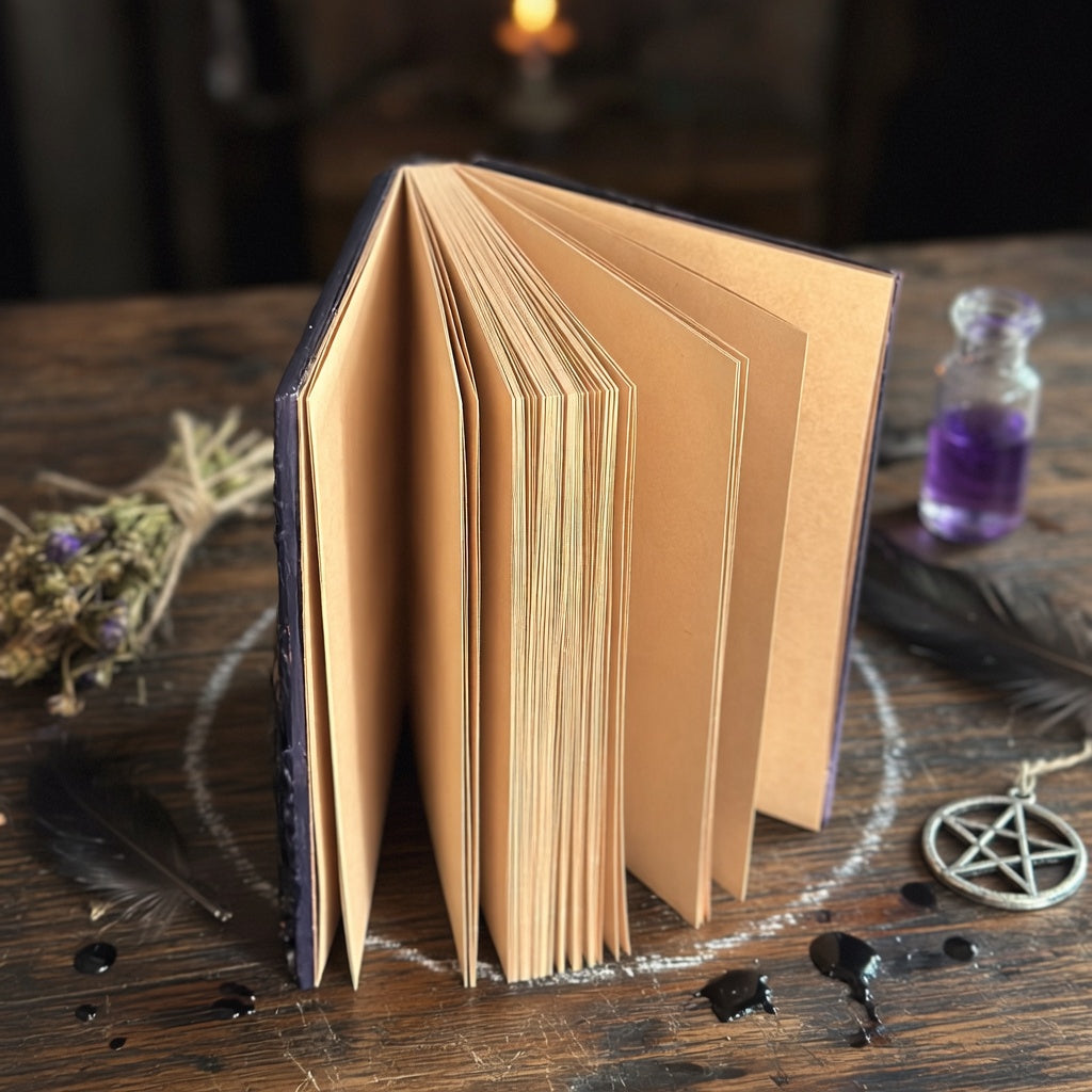 Open book on a wooden surface with mystical items around