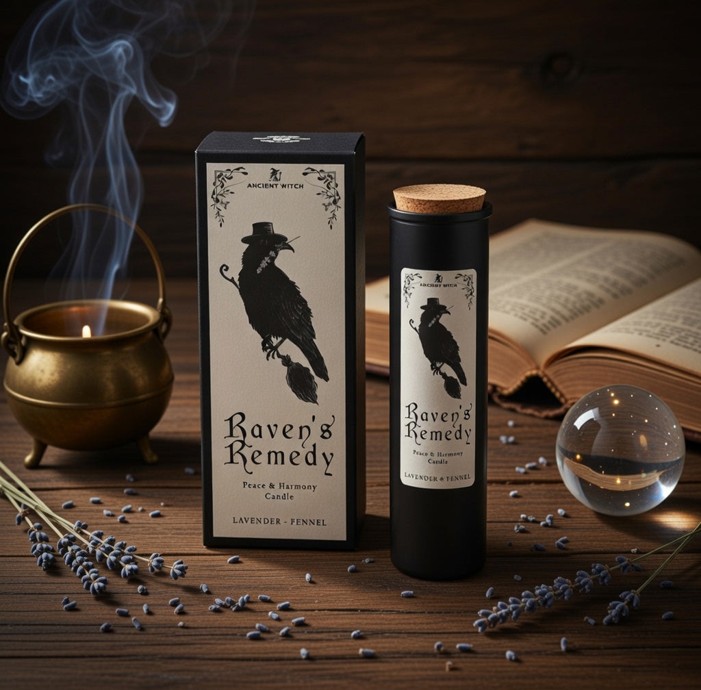 Raven's remedy peace and harmony spell candle with presentation box, on a wooden surface with pagan related articles